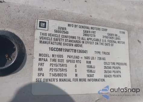 1996 Chevrolet Astro from USA, damaged, VIN 1GCDM19W7TB136041